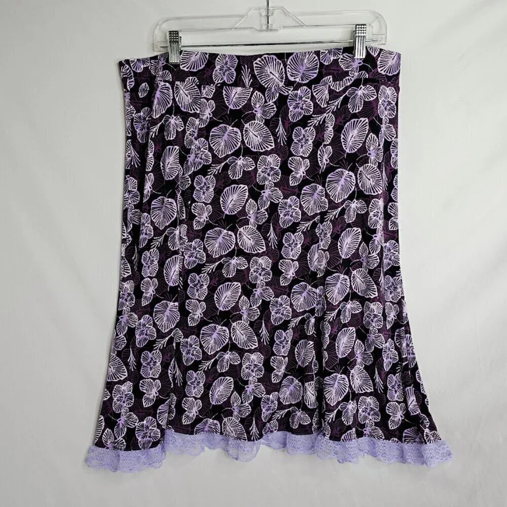 SAG HARBOR Skirt size L BLACK & PURPLE FLORAL w LACE Feminine Summer Spring Cute